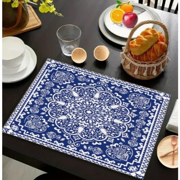 4 Piece Placemat Set 12x18in Polyester Blue Boho - Picture 1 of 3